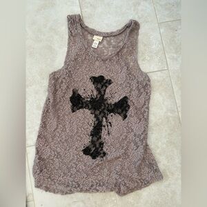 Daytrip Taupe Lace Tank with Black Cross